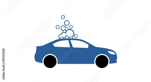 A blue car icon with suds depicts a car wash process on a clean white background