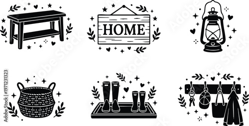 Black and white line art home decor icons bench lantern basket boot rack