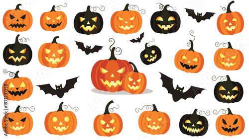 Collection of spooky Halloween jack o lanterns and black bats showcases various carved pumpkin faces for holiday decorations.