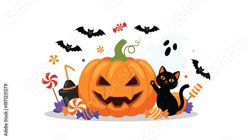 Fun Halloween illustration features a large grinning jack o lantern with a black cat, a ghost, bats, and colorful candy treats.