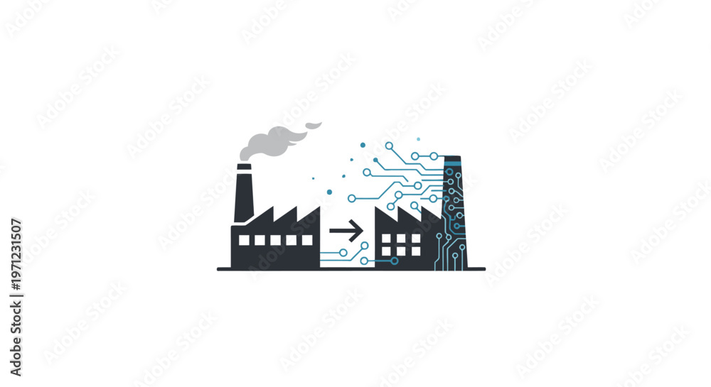 Naklejka premium Industrial Evolution: Digital Transformation in Manufacturing with a Factory Illustration