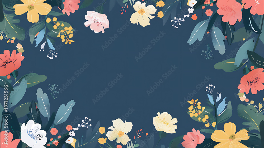 Obraz premium Flat vector elegant floral left and right borders on navy background, perfect text space for premium event menus and invitations.