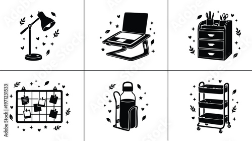 Black and white line art icons of desk lamp laptop organizer board water bottle and trolley cart