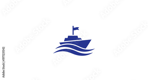 Minimalist Blue Boat Icon Floating on Waves for Travel and Transportation Concepts