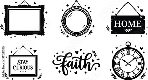 Black and white home faith and stay curious lettering with vintage clock and picture frames vector art