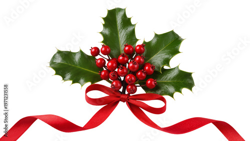 Vivid Holly Sprig with Red Berries and Festive Ribbon Bow