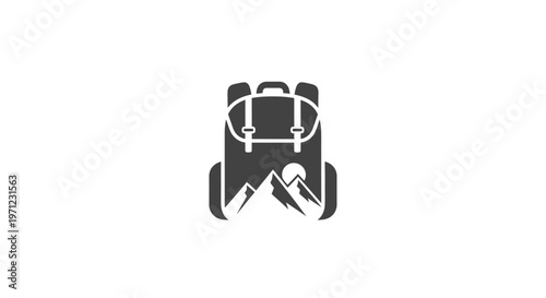 Minimalist emblem representing a mountain travel adventure with a backpack silhouette