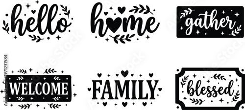Black and white script lettering home family blessings and welcome words vector art