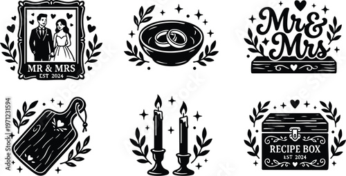 Black and white mr and mrs wedding couple with rings and candlelight vector art