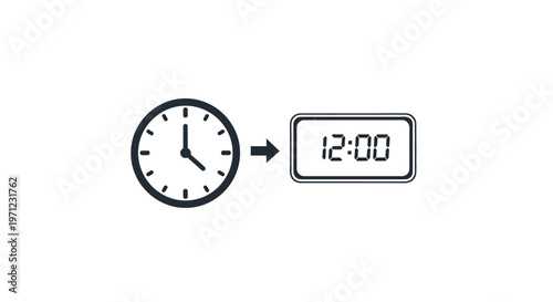 Time transition from an analog clock to a digital clock displaying 12:00, icon