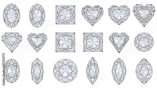 Collection of various diamond and gemstone cuts shows different shapes like heart, oval, round, and marquise in black outlines.