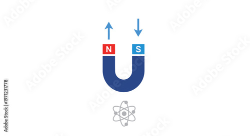 Illustration of a horseshoe magnet, atomic structure and magnetic field representation