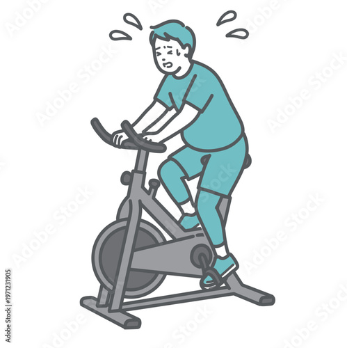 辛そうにフィットネスバイクを漕ぐぽっちゃり男性のイラスト
