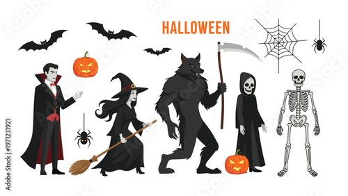 Halloween character set includes a vampire, witch, werewolf, grim reaper, and skeleton with bats and pumpkins.