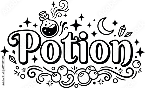 Black and white potion lettering with magic bottle moon and crystals vector art