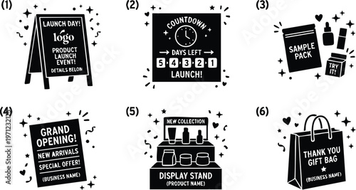 Black and white product launch countdown and retail display vector art with signage and gift bag