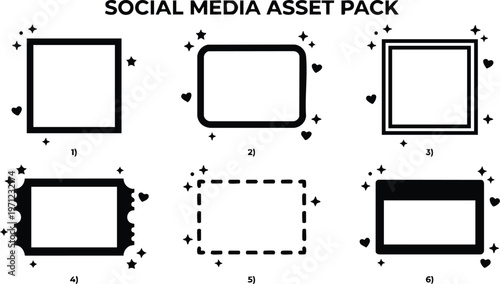 Black and white social media asset pack with six different frames and heart and star accents