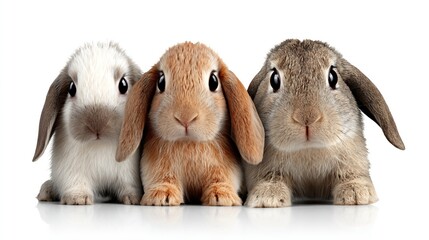 Three adorable rabbits in varying colors, including white, brown, and gray, sitting closely together on a clean white background, showcasing their fluffy fur and expressive eyes