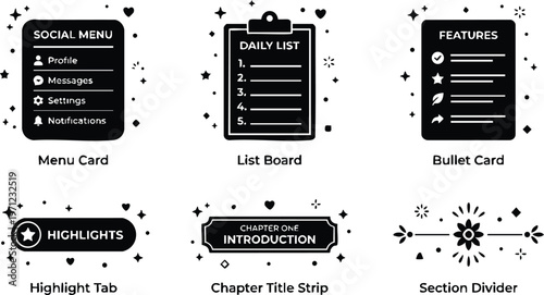 Black and white social menu daily list bullet card highlight tab chapter title strip and section divider vector art