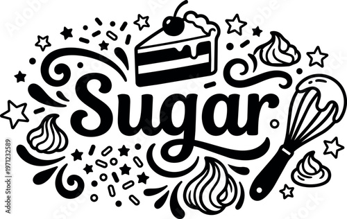 Black and white sugar lettering with cake whisk and cream dollops vector art