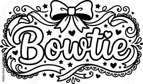 Black and white bowtie calligraphic lettering with decorative stars hearts and ribbon vector art