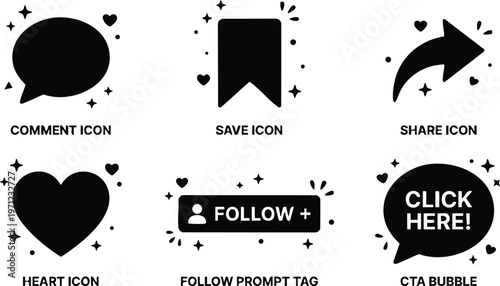 Black social media icons comment save share heart follow click here vector art