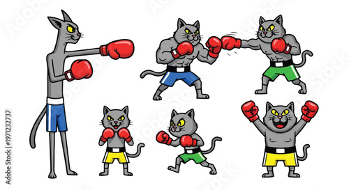 Cartoon boxing cats posing in various action scenes on white background