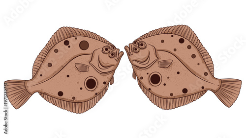 Hand drawn illustration of two flatfish or flounders facing each other with speckled brown skin and detailed fin textures on white.