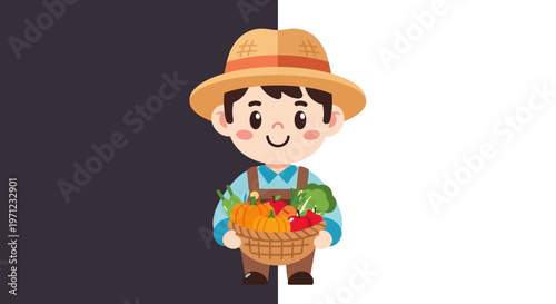 Cartoon farmer holding vegetable basket.