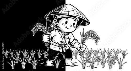 A smiling cartoon child in a conical hat harvesting rice plants in a field.