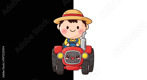 A cartoon boy riding a tractor.