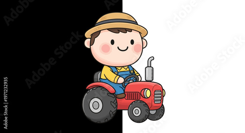 A cartoon boy driving a red tractor.