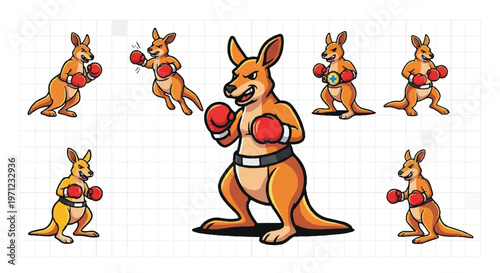 Cartoon kangaroo boxer in various poses ready to compete