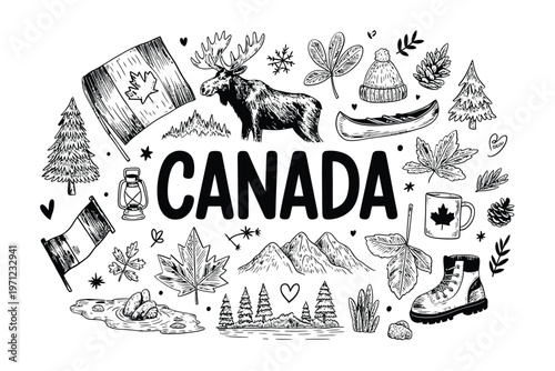 A hand drawn illustration celebrating canadian symbols and natural elements