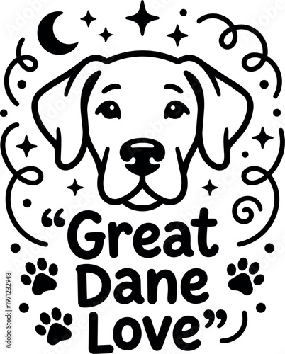 Black and white line art great dane dog face with paw prints and stars