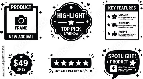 Black and white product highlight labels with star ratings and price tags vector art