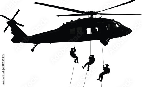 Military helicopter with soldiers rappelling down on ropes in a tactical operation