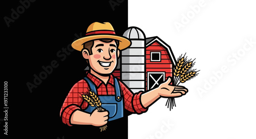 Farmer holding wheat in front of barn.