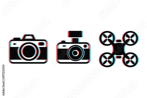 Anaglyph icons depicting a vintage camera and a modern drone