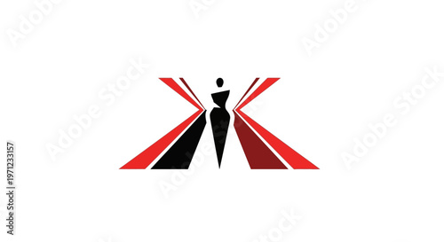 Fashion-forward logo featuring silhouette on a runway, in shades of red and black.