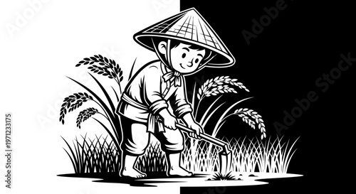 A smiling farmer in conical hat working in rice field with plants.