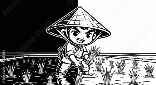 Cartoon child planting rice in field.