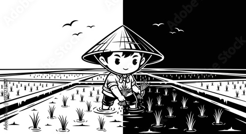 cartoon farmer planting rice in field.