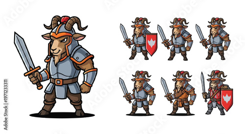 Cartoon goat warrior with sword and shield in multiple styles