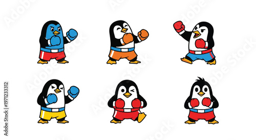 Cartoon penguins in boxing gear posing on white background