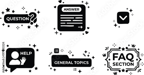 Black and white faq section general topics help answer question icons set