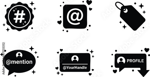 Black and white social media icon set with hashtag at mention and profile symbols