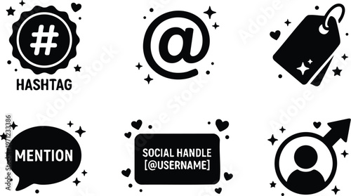 Black and white social media icons with hashtag mention and user handle