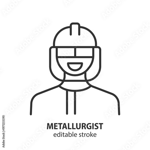 Metallurgist line icon. Man wearing protective gear and safety helmet. Editable stroke. Vector illustration.