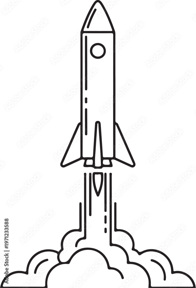Fototapeta premium Rocket launch, space exploration, vector illustration, black and white, line art, rocket ship